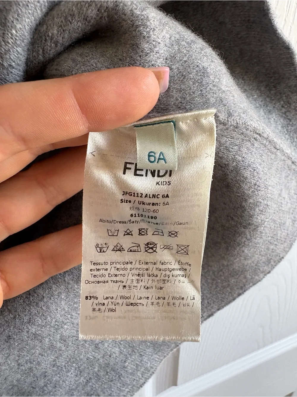 Authentic Fendi Kids Grey White Logo‎ Hooded Wool Cashmere Dress Preppy 6 Knit
